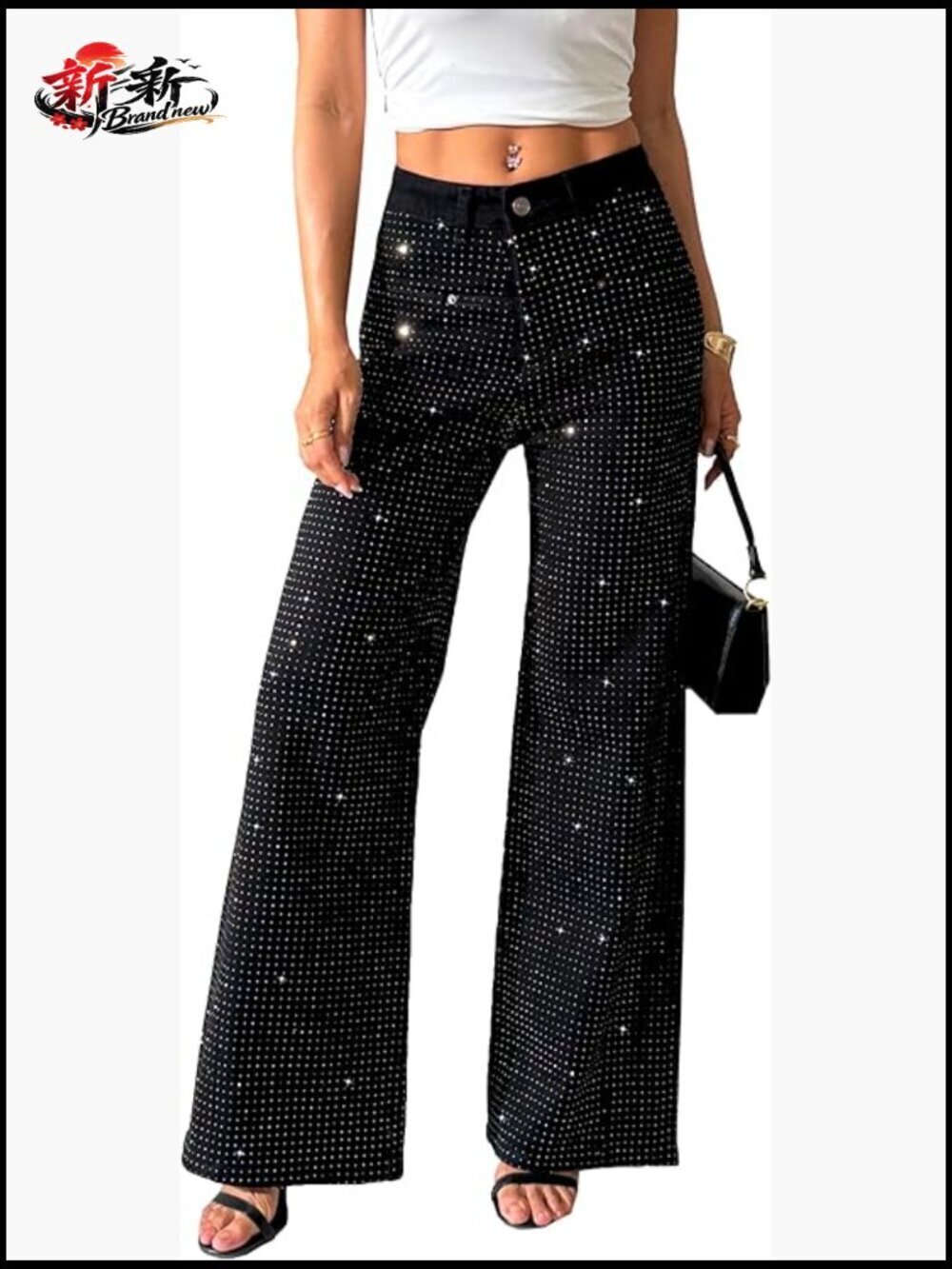 Rhinestone Wide Leg Flare Jeans High Waist Sparkle Sequin Glitter Trouser